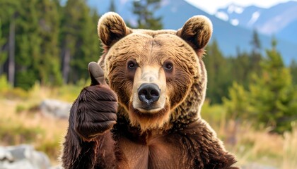 Fototapeta premium A brown bear giving a thumbs up gesture in a natural setting. Mountain backdrop