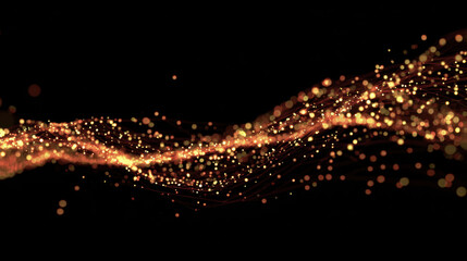 Mesmerizing wave of golden particles flows gracefully against dark background, creating sense of movement and depth. This captivating visual evokes feelings of energy and dynamism