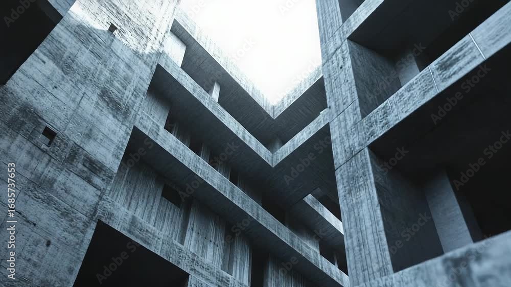 Poster modern concrete building with intersecting walkways creating abstract pattern