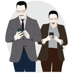 Business professionals in formal attire using smartphones, symbolizing modern communication, corporate teamwork, and digital connectivity in a professional environment.