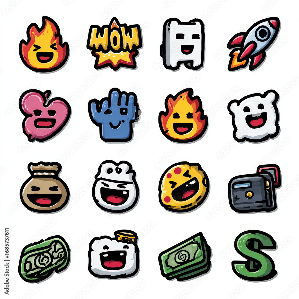 Poster whimsical collection of cartoon emoticons: a vibrant compilation of cartoon emoticons in a whimsical