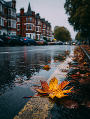 wet autumn street with vivid maple leaf on rainy pavement near red-brick buildings