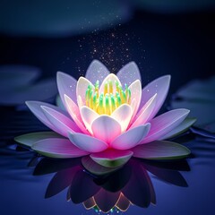 Luminous Colorful Lotus Flower in Still Water with Glittering Particles