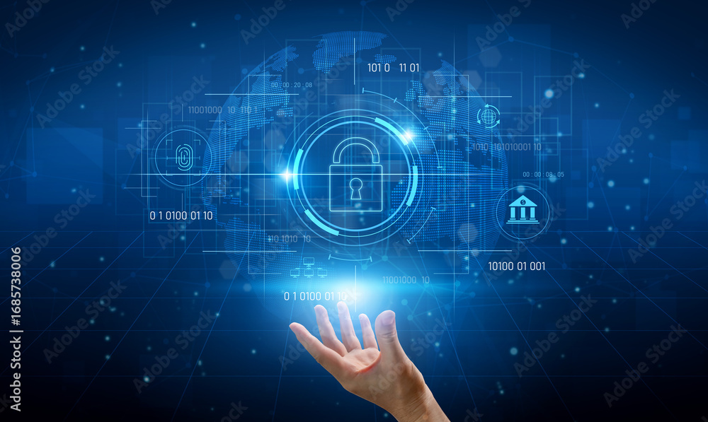 Poster cybersecurity system interface with biometric lock and data protection. cybersecurity protects acces