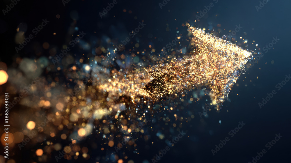 Poster shimmering arrow made of sparkling particles moves forward, symbolizing progress and direction. gold
