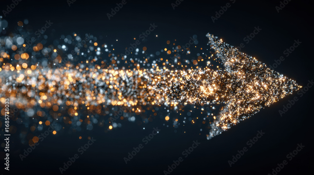 Poster sparkling arrow made of shimmering particles moves dynamically through dark background, creating sen