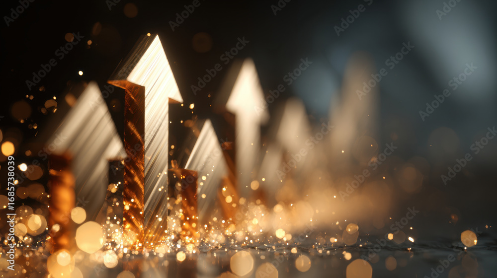 Poster golden arrows pointing upward symbolize growth and success, surrounded by shimmering bokeh lights th
