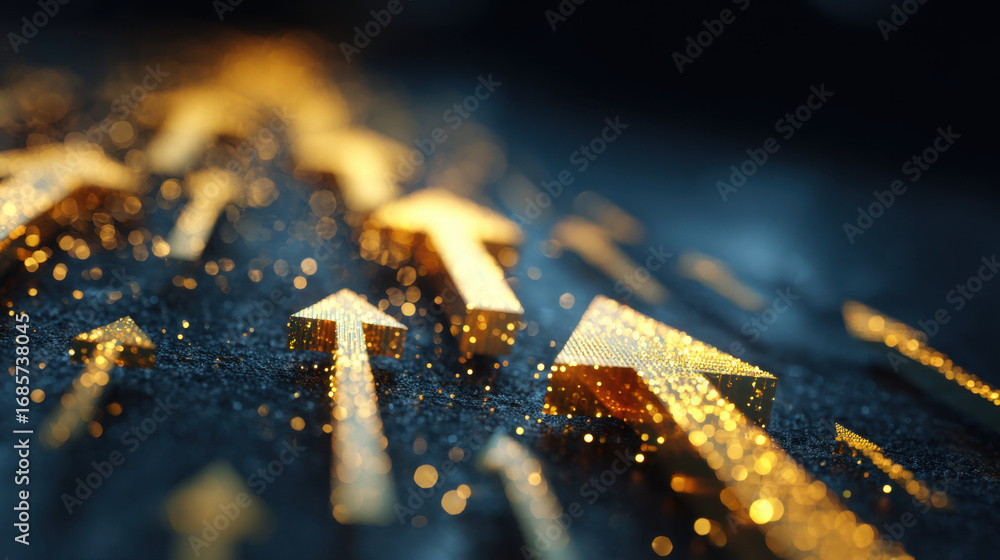Aufkleber golden arrows representing growth and progress are scattered across dark background, creating dynami