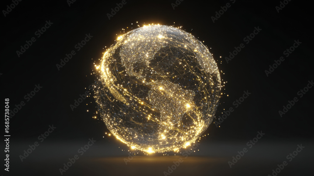 Poster glowing globe representation with interconnected lines and bright points, symbolizing global connect