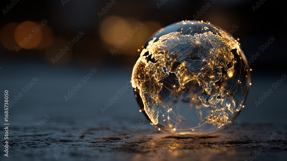 Poster glowing globe with illuminated continents and network connections, symbolizing global connectivity a