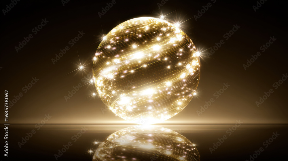 Poster glowing golden sphere radiates light and sparkles, creating mesmerizing effect against dark backgrou