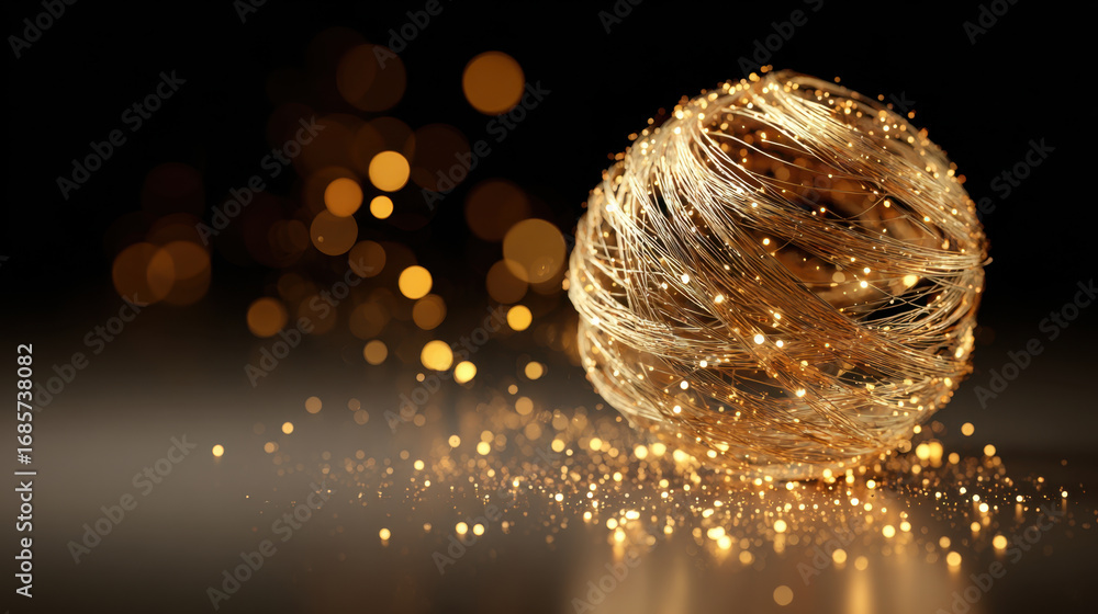 Poster shimmering golden sphere made of delicate strands emits warm glow, surrounded by soft bokeh lights. 