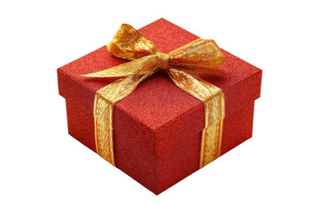 Obraz premium Red gift box with gold ribbon. A square, textured red gift box is presented, adorned with a golden ribbon and bow