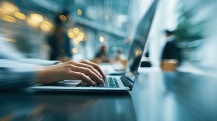 Person typing on laptop in cafe