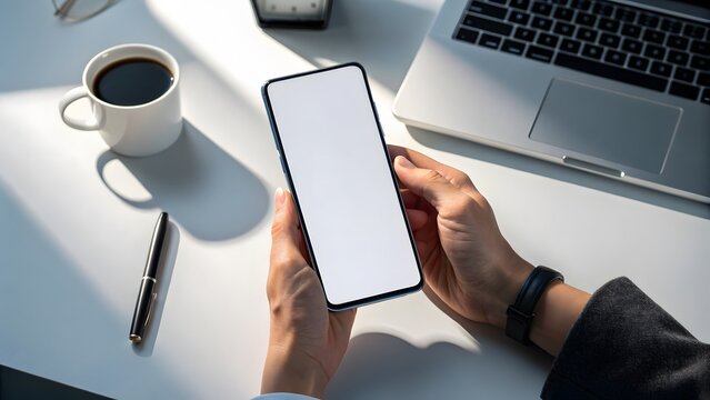 Person holding a smartphone with blank screen next to coffee and laptop