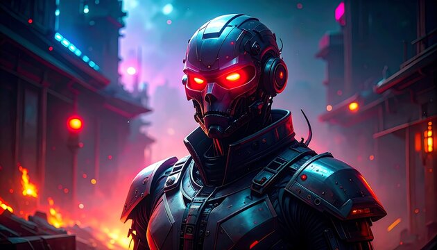 Futuristic robot in a war-torn city