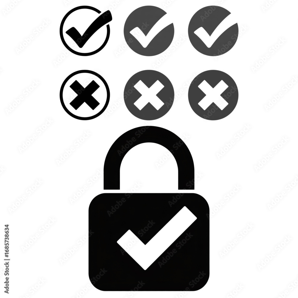 Aufkleber secure padlock with checkmark and cross symbols representing approval and denial, safety