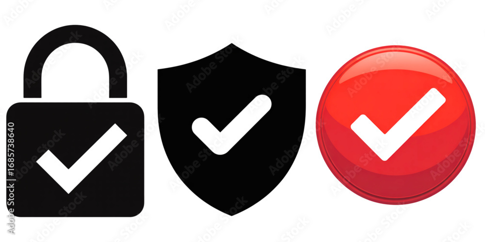 Poster secure data icons representing protection, confirmation, and approval for digital security