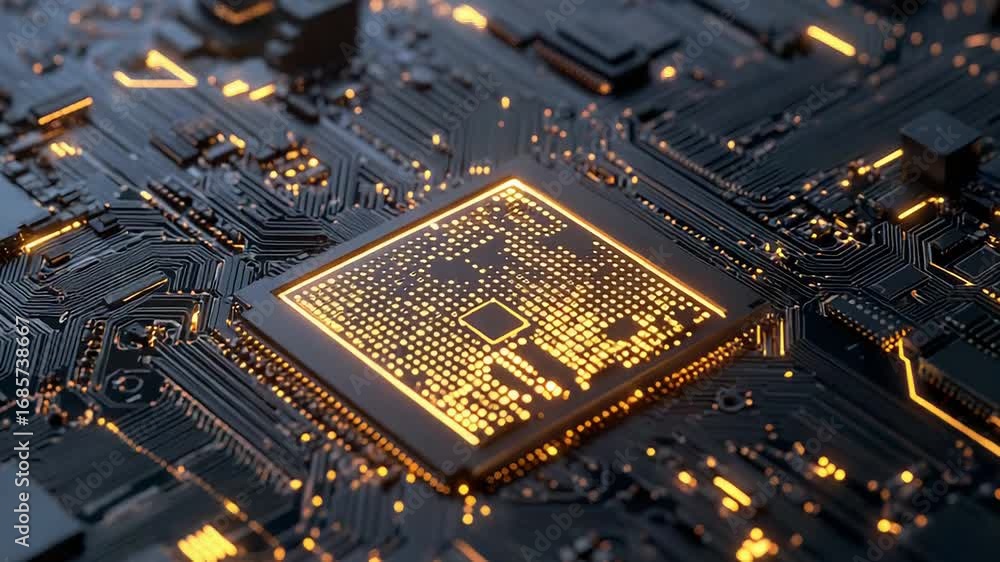 Poster cpu processing data on motherboard with integrated circuit and orange lights