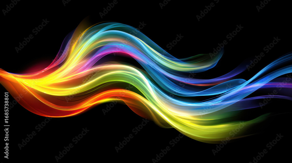 Aufkleber vibrant waves of color flow gracefully across black background, creating dynamic and energetic visua