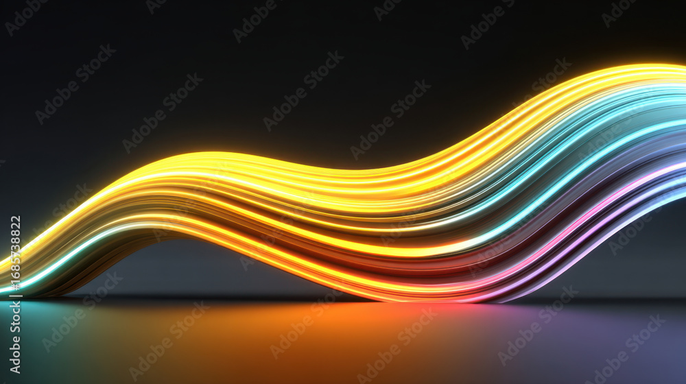 Poster vibrant light waves flow gracefully across dark background, creating mesmerizing visual effect. colo