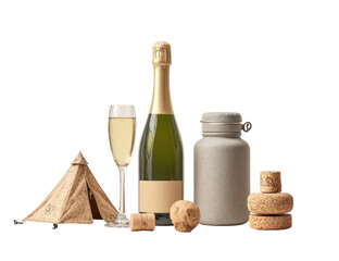 Naklejka premium Champagne and camping accessories. A champagne bottle, glass, and corks rest beside a small tent and a gray jar, suggesting a celebratory camping trip