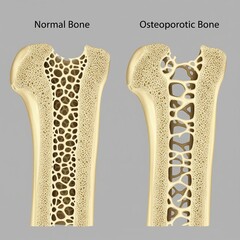 Comparison of healthy and osteoporotic bone showing reduced trabecular density and increased porosity - visualizing bone loss, fracture risk and BMD concepts.