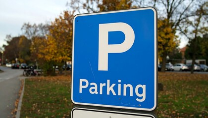 Blue parking sign in autumnal setting