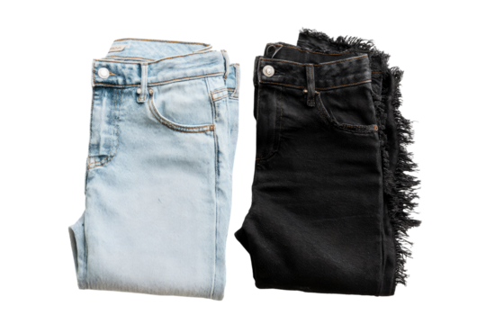 Two pairs of folded jeans, light blue and dark black, laid flat, top view