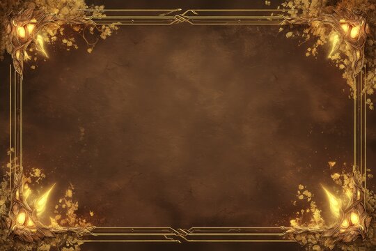 Ornate golden fantasy frame with glowing corners on brown textured background. - Powered by Adobe