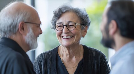 Group of three people engaged in lively conversation, sharing laughter and smiles in a bright indoor setting