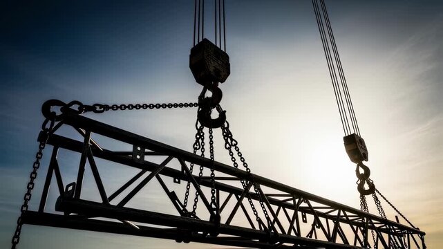 Focus on chain hoist chains and hooks lifting a heavy truss beam with sharp contrast against a bright sky background.