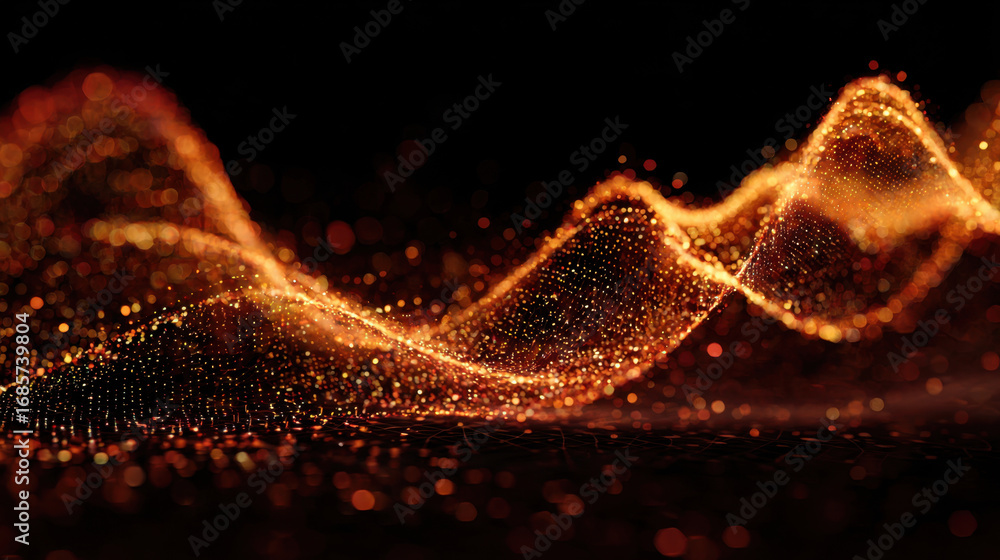 Poster abstract digital wave with glowing particles in warm orange tones, creating mesmerizing visual effec
