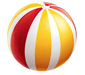 A bright, round beach ball with alternating red and yellow stripes