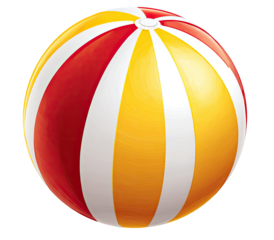 A bright, round beach ball with alternating red and yellow stripes