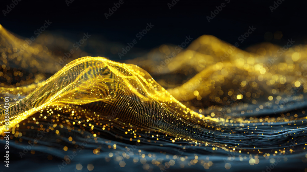 Poster golden waves of light create mesmerizing visual effect, resembling flowing energy or digital data. s