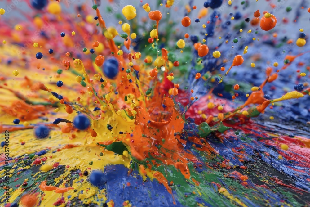 Poster colorful splattering paint creating vibrant patterns on a surface in an artistic expression of creat