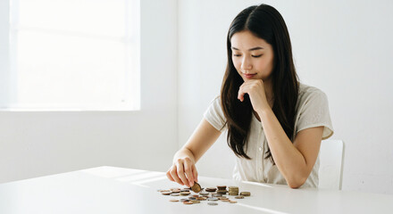 Young woman counting coins thoughtfully at a minimalist table