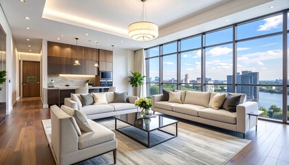 Upscale living room in an apartment. A large window with a city skyline backdrop