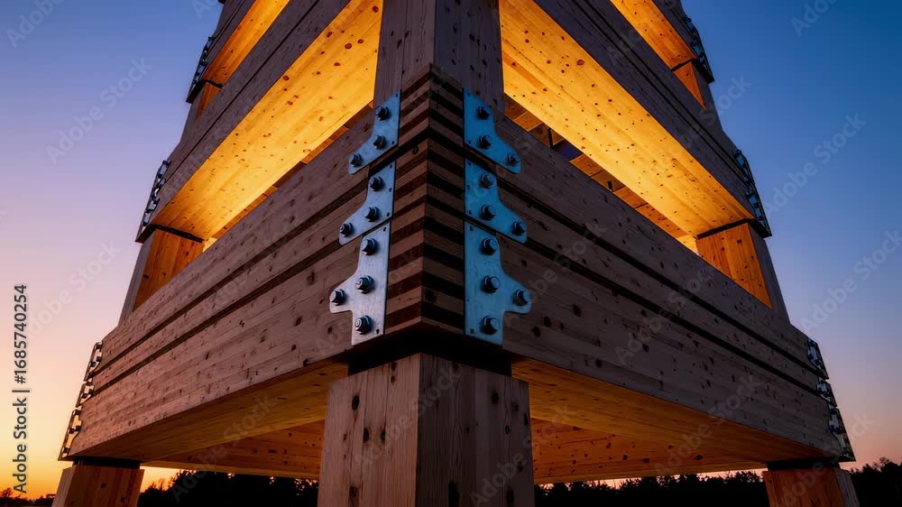 Poster Evening scene of illuminated crosslaminated timber structure rising with visible joints and fasteners.