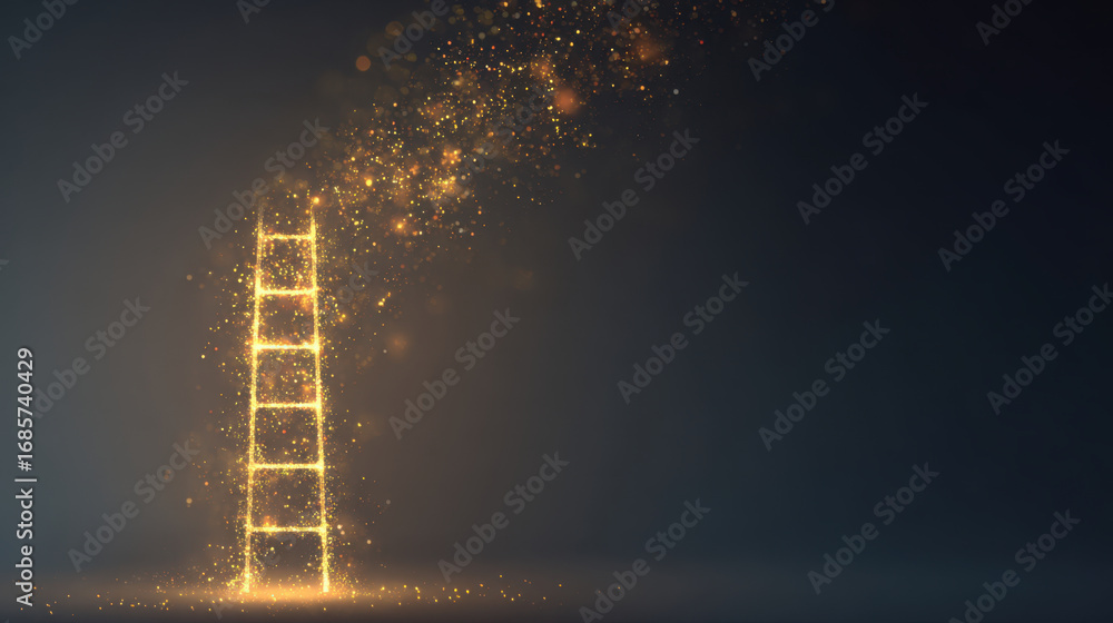 Poster glowing ladder made of sparkling particles rises against dark background, creating magical and encha