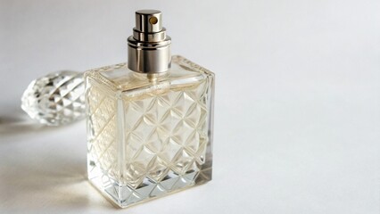 Elegant perfume bottle with a faceted glass design and silver atomizer, casting soft shadows on a white surface, perfect for fragrance and beauty concepts