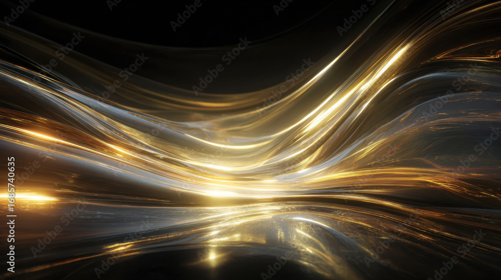 Poster mesmerizing abstract image featuring flowing golden and silver waves, creating sense of movement and