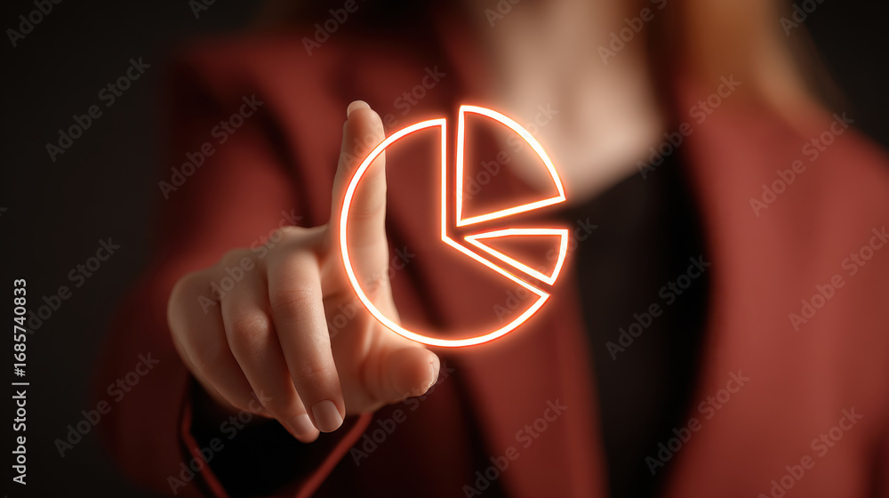 Poster Person in red blazer is interacting with glowing pie chart graphic, symbolizing data analysis and business insights. image conveys sense of professionalism and modern technology