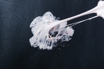 Chewing gum has become stuck on a black leather textured surface, showing its stretching and gooey...