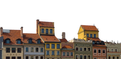 Row of traditional European Old Town buildings with red tiled rooftops and pastel facades, isolated