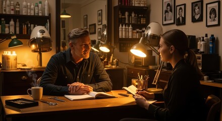 Caucasian adult male and female discussing in cozy vintage office setting