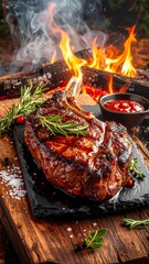 Grilled steak on slate, campfire background
