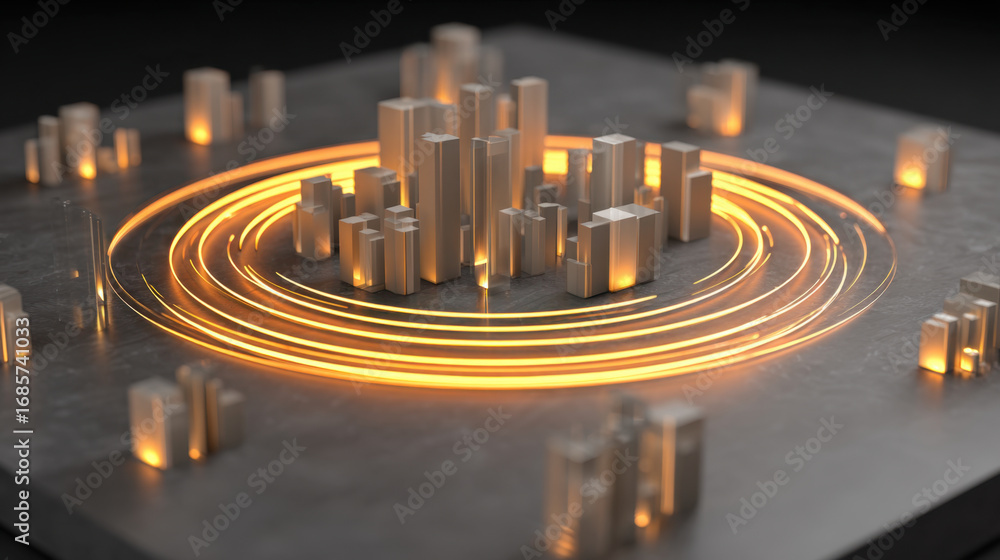 Aufkleber modern abstract representation of cityscape with illuminated structures surrounded by glowing circul