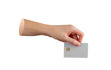 Secure banking technology symbol: hand presenting plastic card with golden chip isolated.